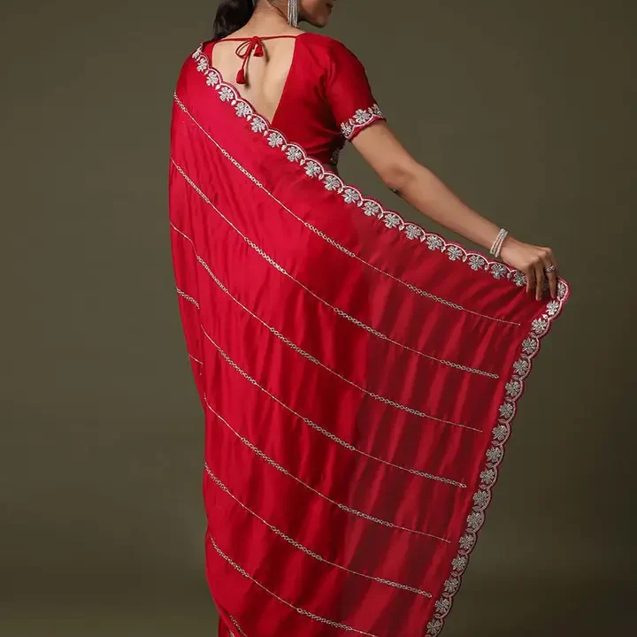 Embellished Beads and Stones Satin Heavy Work Sarees, Red