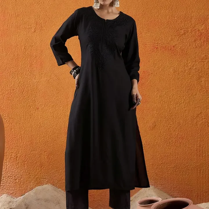 Indo Era Floral Embroidered Thread Work Straight Kurta, Black