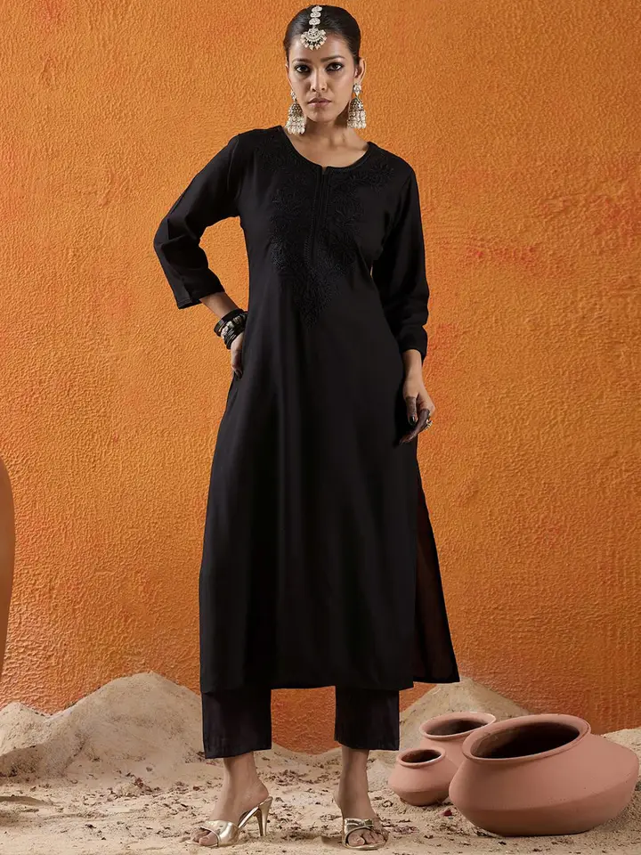 Indo Era Floral Embroidered Thread Work Straight Kurta, Black