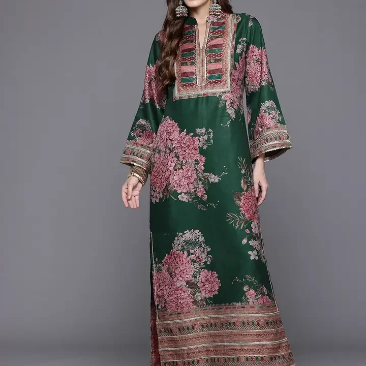 Ahalyaa Floral Printed Sequinned Floral Dress, Green