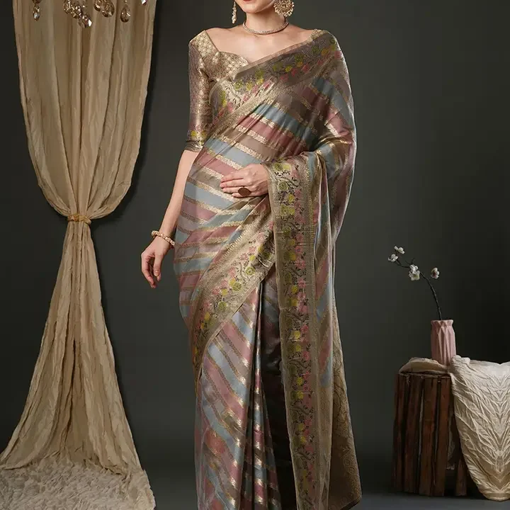 Saree mall Woven Design Zari Organza Banarasi Sarees, Grey