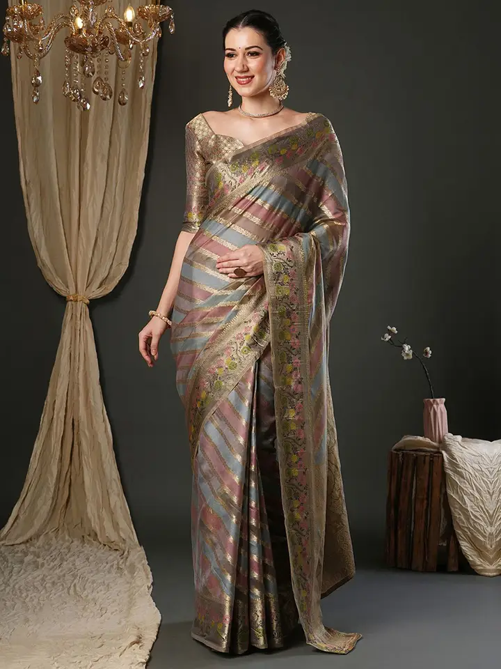 Saree mall Woven Design Zari Organza Banarasi Sarees, Grey