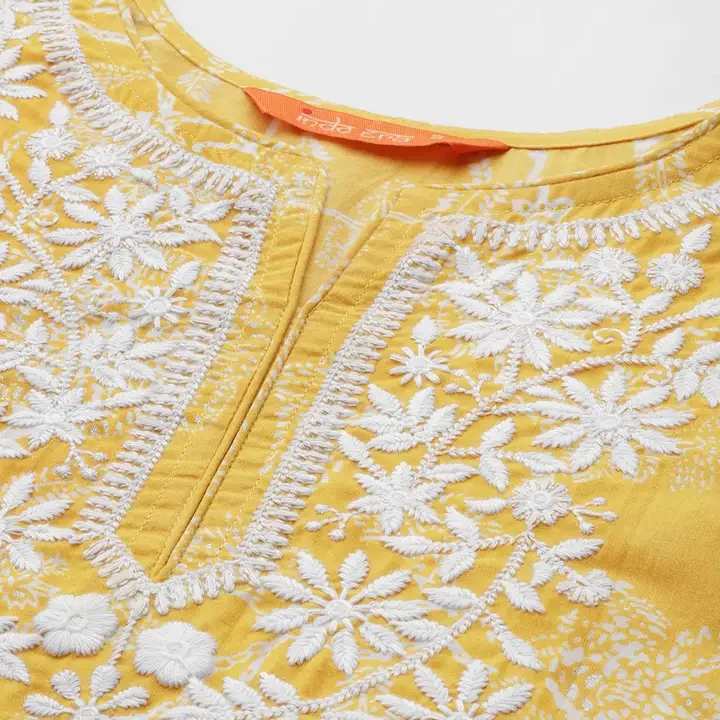 Indo Era Women Floral Embroidered Thread Work Kurta, Yellow