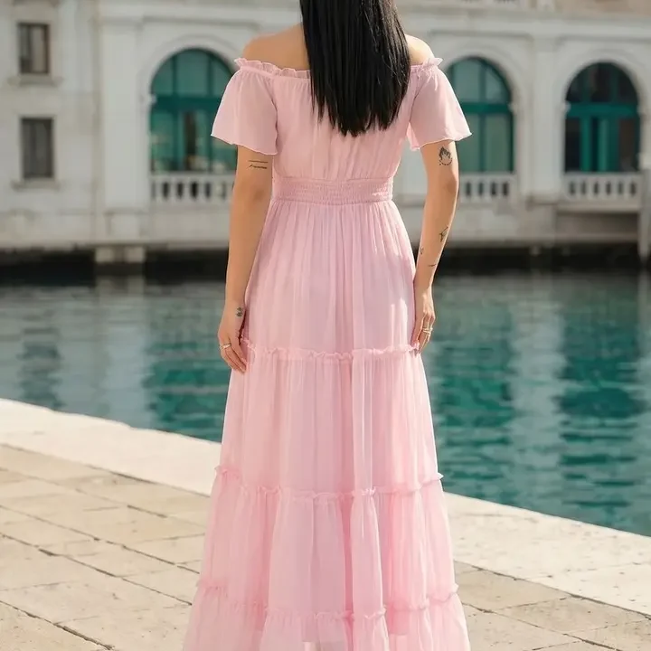 aayu Off-Shoulder Smocked Tiered Chiffon Fit & Flare Maxi Dress, Pink