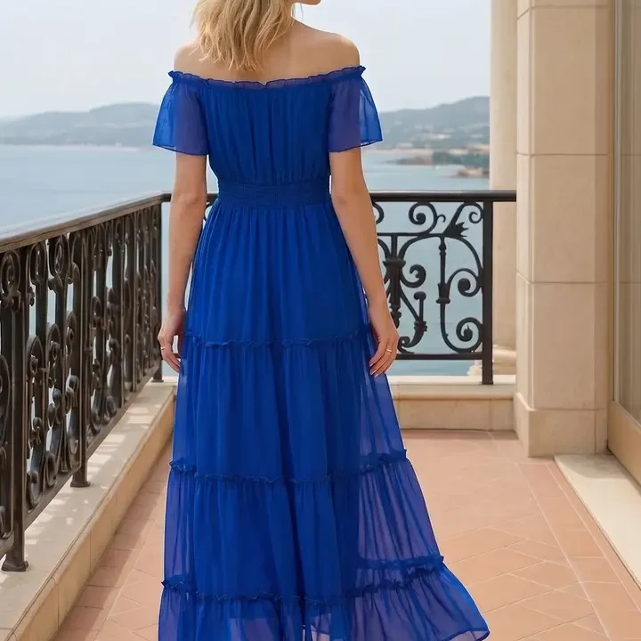 aayu Women Off-Shoulder Tiered Layered Maxi Dress, Blue