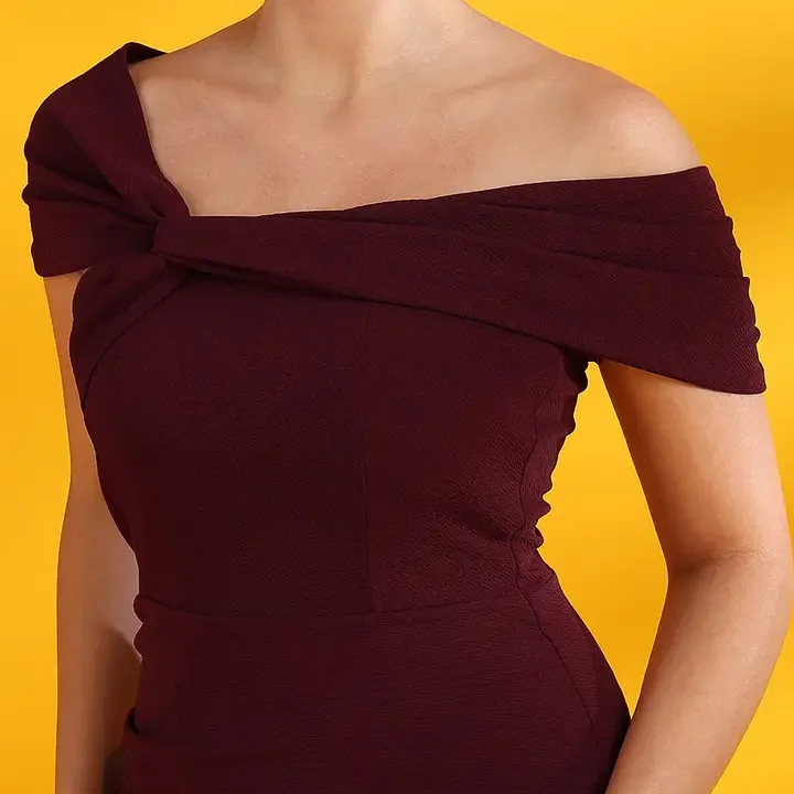 Golden Kite Women One Shoulder Scuba Maxi Bodycon Dress, Burgundy