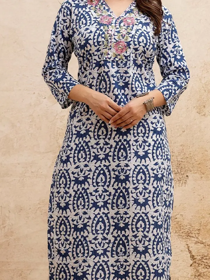 SURHI Floral Printed Thread Work V-Neck Straight Pure Cotton Kurta, White