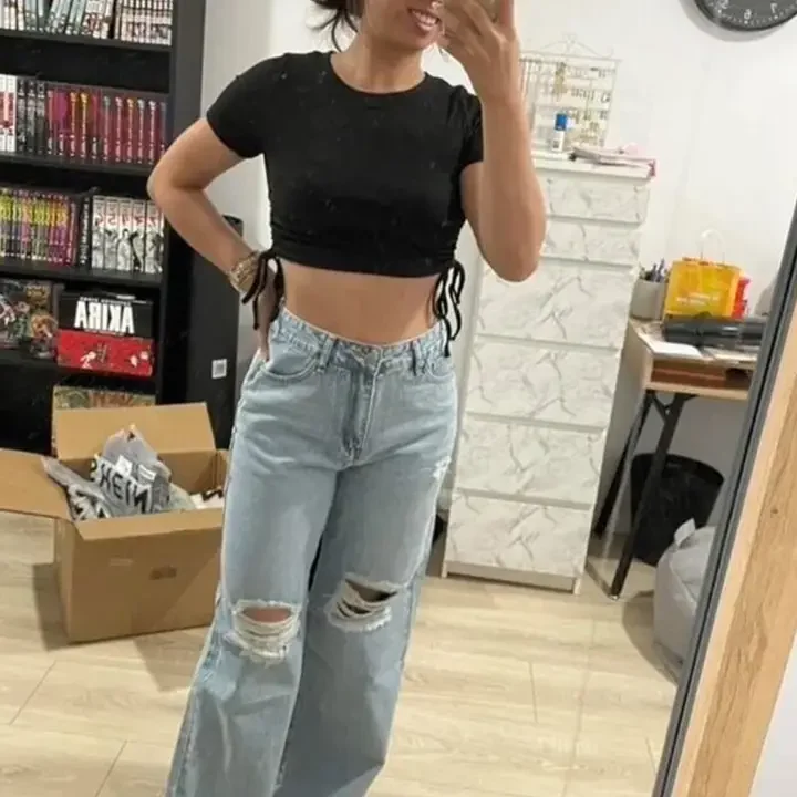 Aadvi Fashion baggy Women Smart Wide Leg High-Rise Highly Distressed Stretchable Jeans, Blue
