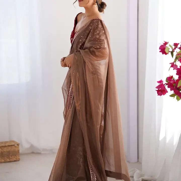 Saree mall Brown Embellished Net Saree with Embroidered Border, Bronze