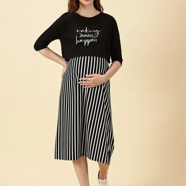 PURPLE FLAUNT Women Striped Maternity A-Line Midi Dress, Black
