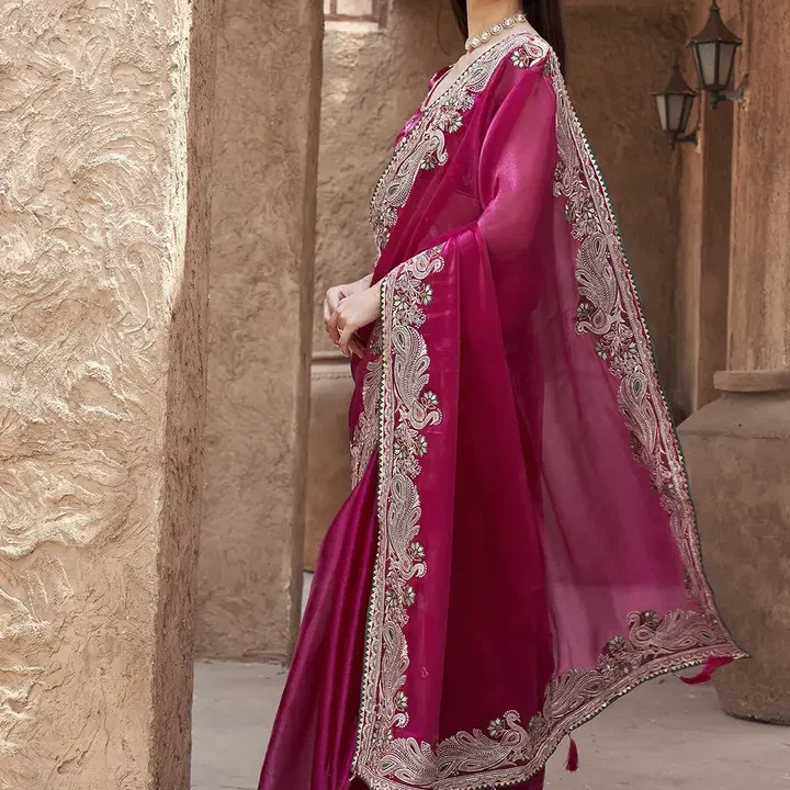 Tikhi Imli Embroidered Poly Chiffon Saree, Pink