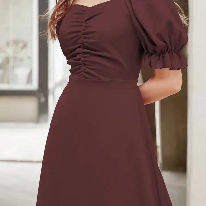 Sugathari Solid Puff Sleeve A-Line Midi Dress, Brown