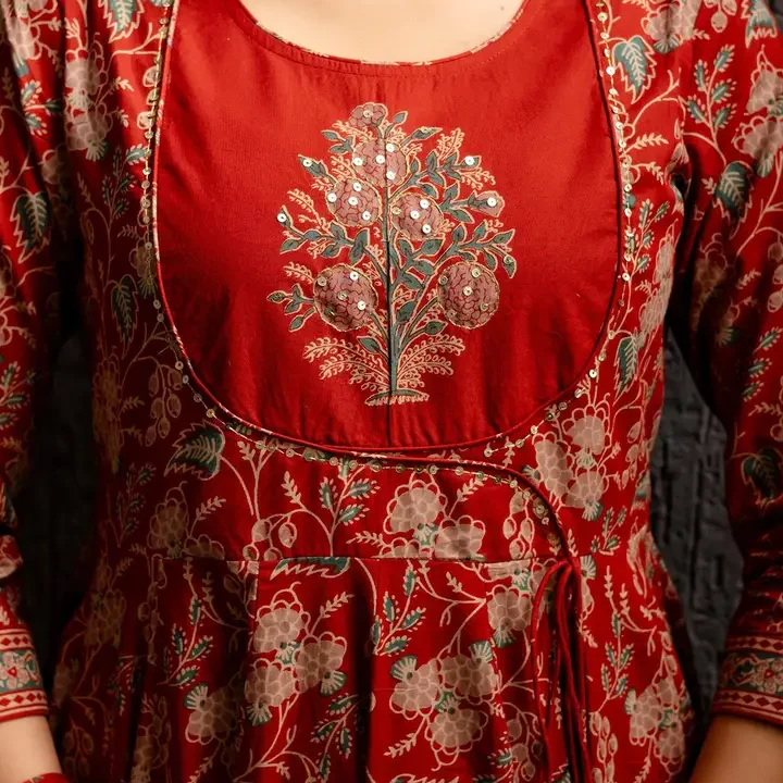 KIMAYRA Women Ethnic Motifs Printed Cotton Anarkali Kurta with Trousers & Dupatta, Red