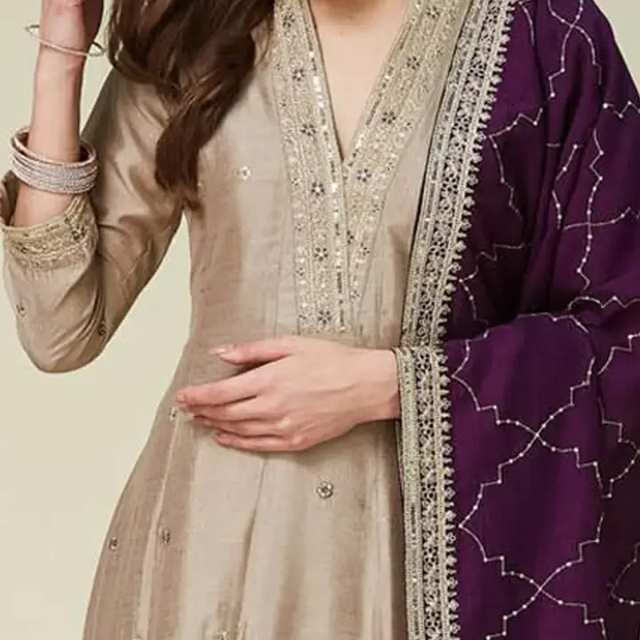 MOKOSH Women Silk Embroidered Anarkali Kurta and Pant with Dupatta Set, Grey