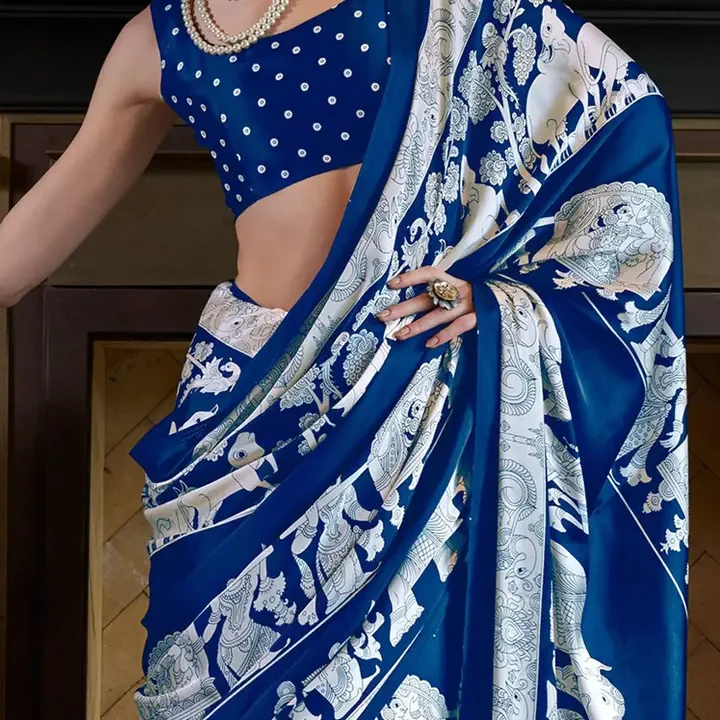 Saree mall Kalamkari Block Printed Sarees, Blue