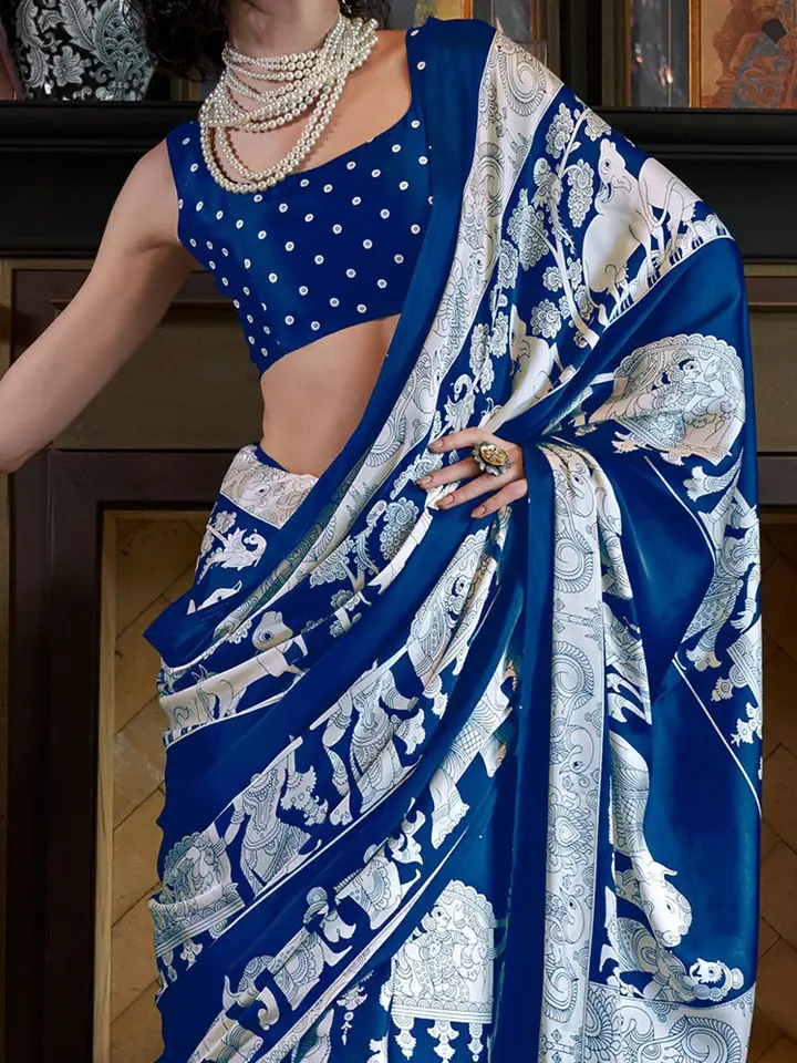 Saree mall Kalamkari Block Printed Sarees, Blue