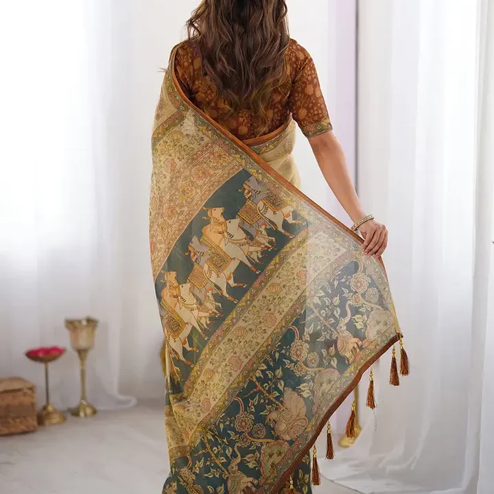 Satrani Floral Printed Pure Linen Saree, Beige