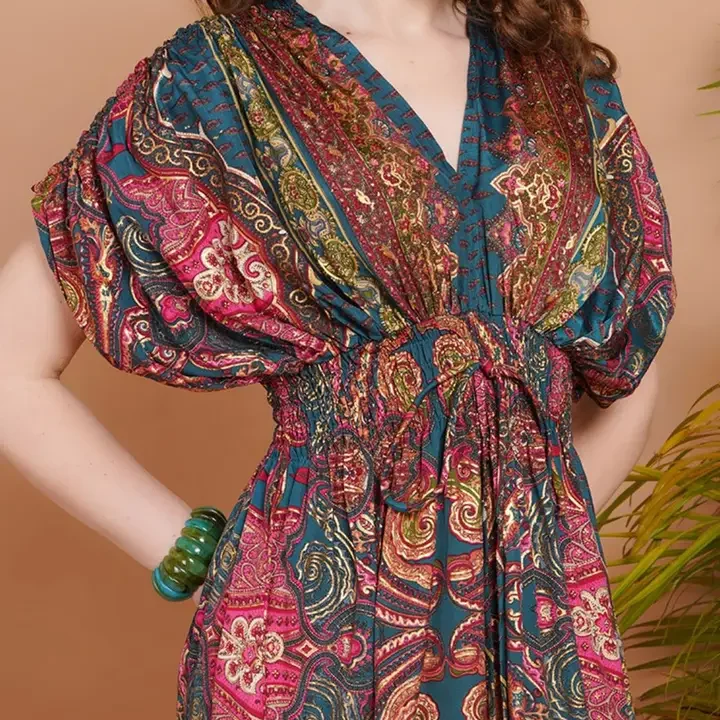 Boholyfe Women Ethnic Motifs Print Slit Sleeve Fit & Flare Maxi Dress, Teal
