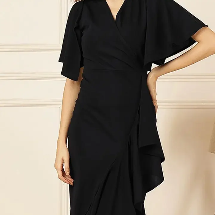 Selvia Women Solid Black V-Neck Ruffles Detail Fit & Flare Wrap Midi Dress