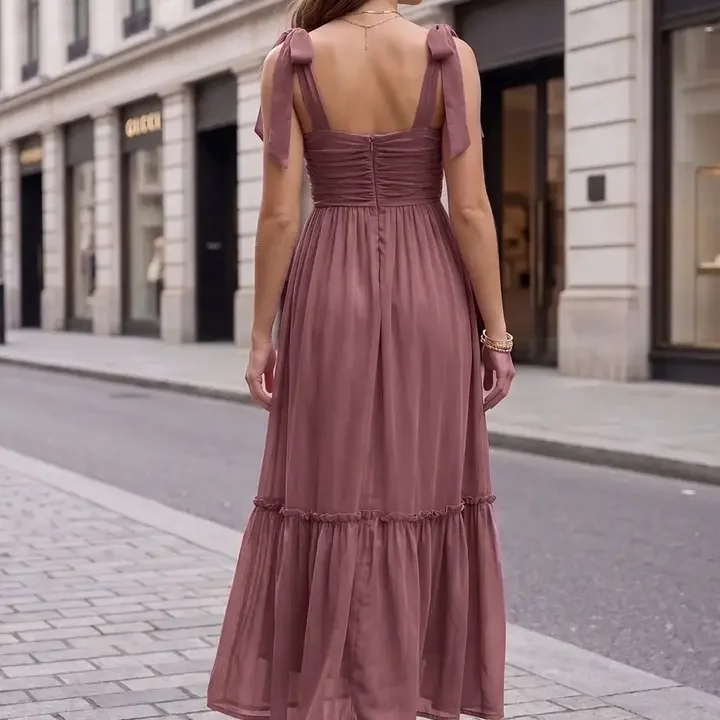 aayu Women Solid  Shoulder Straps Chiffon Pleated Maxi Dress, Mauve