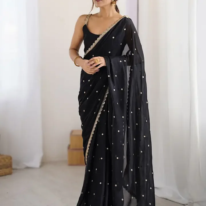 Saree mall Embellished Sequinned Floral Pure Georgette Saree, Black