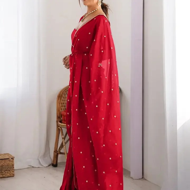 Saree mall Embellished Sequinned Floral Pure Georgette Saree, Red