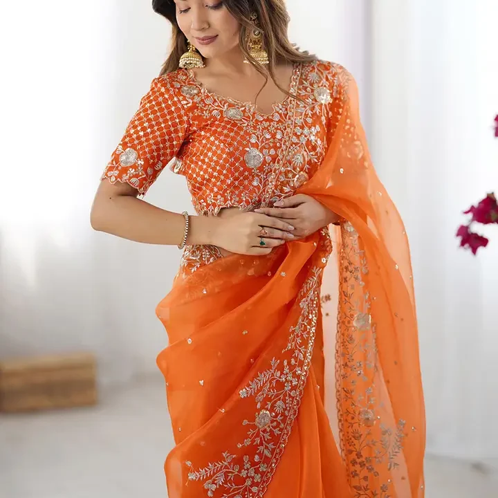 Satrani Embellished Sequinned Organza Saree, Orange