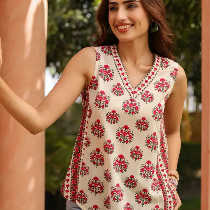 Rain & Rainbow Women Ethnic Motifs Printed Sleveless Cotton Regular Top, Beige