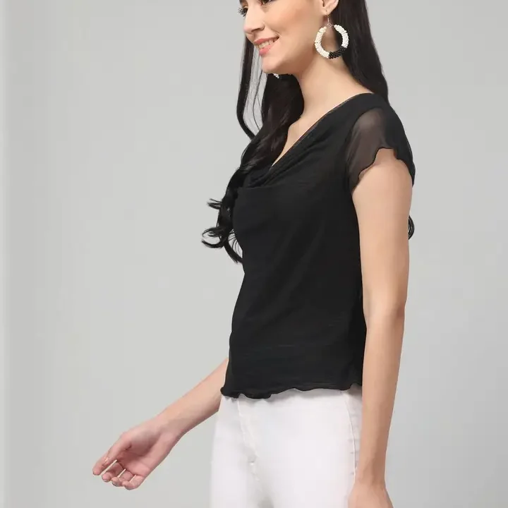 clobug Women Cowl Neck Net Top, Black