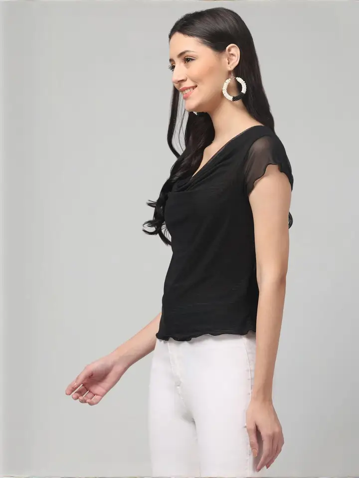 clobug Women Cowl Neck Net Top, Black