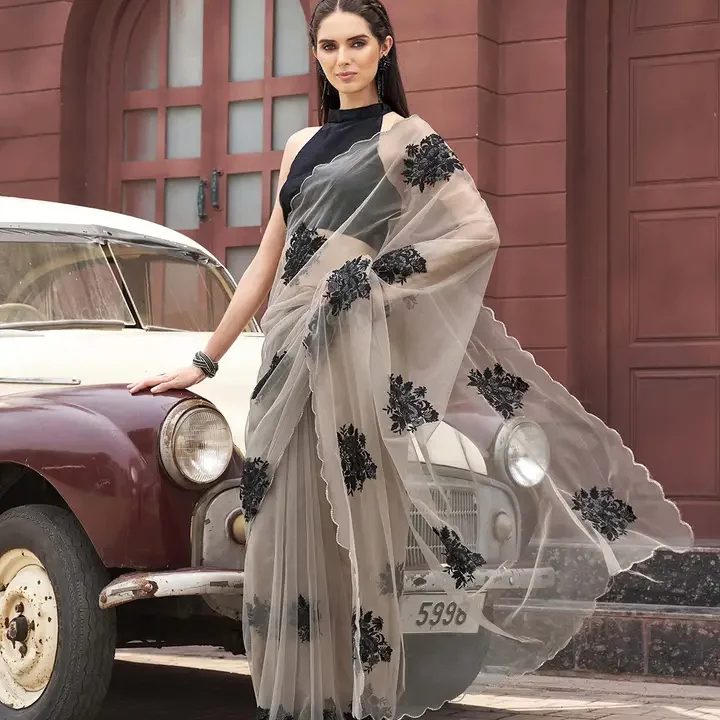 Tikhi Imli Floral Emboridered Saree, Tan