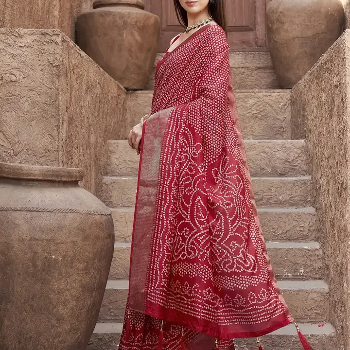 Tikhi Imli Bandhani Print Ready To Wear Saree with Zari Border, Red