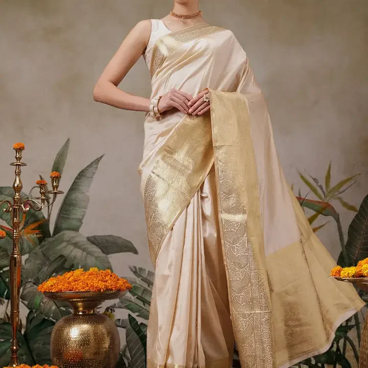 Silk Land Woven Design Border Zari Kasavu Saree, Beige