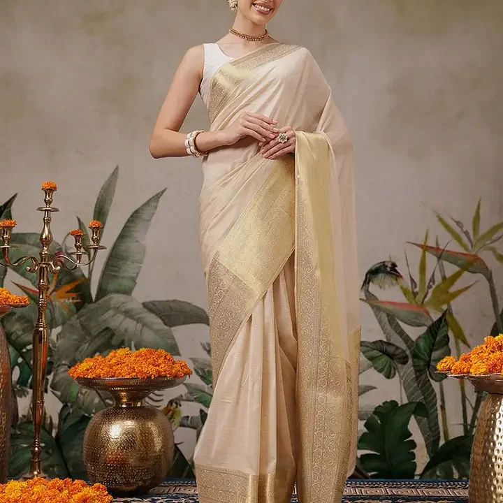 Silk Land Solid Woven Design Zari Border Saree, Beige