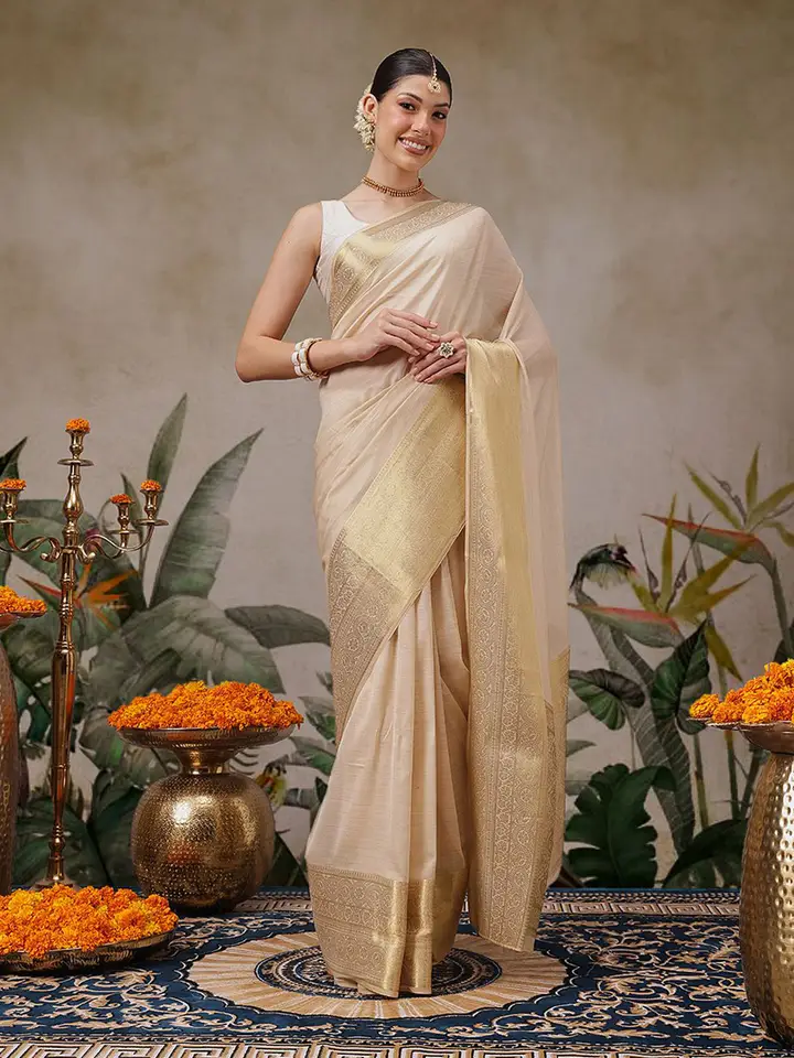 Silk Land Solid Woven Design Zari Border Saree, Beige