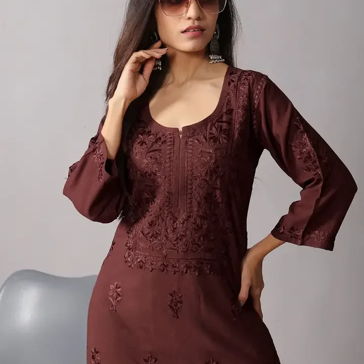 colorkosh Floral Embroidered Notch Neck Thread Work Straight Kurta With Palazzos Set, Brown
