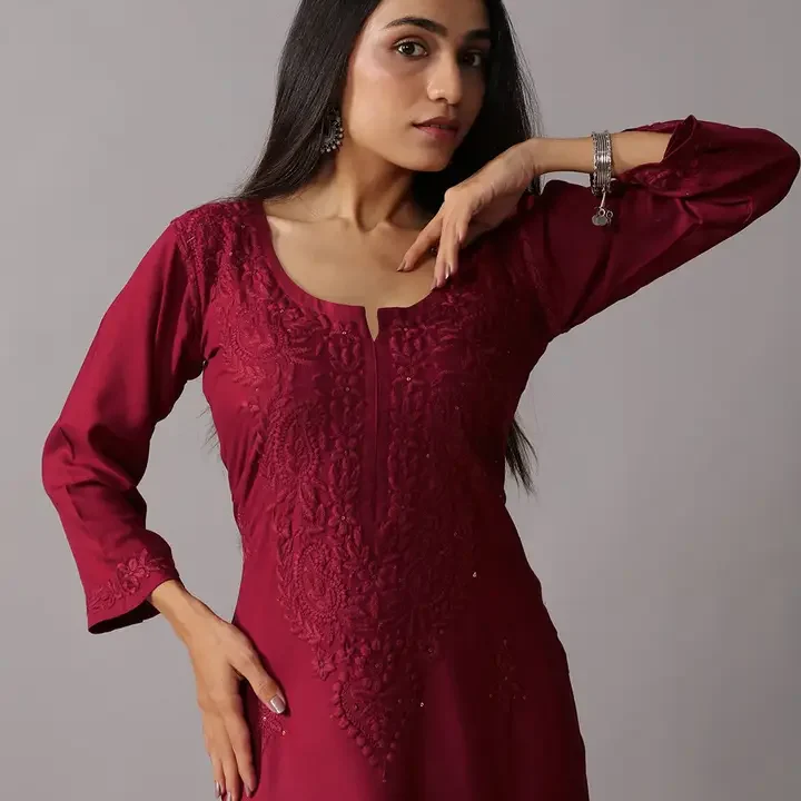 colorkosh Floral Embroidered Notch Neck Thread Work Straight Kurta With Palazzos Set, Maroon