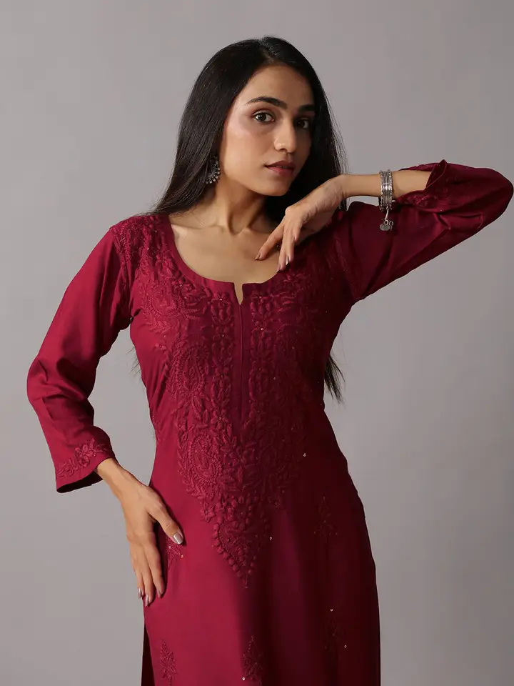 colorkosh Floral Embroidered Notch Neck Thread Work Straight Kurta With Palazzos Set, Maroon