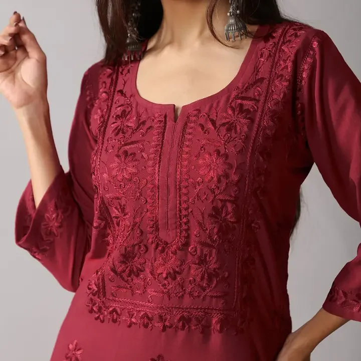 colorkosh Women Maroon Woven Design Embroidered Chikankari Kurta with Palazzos Round Neck Set