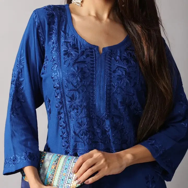 colorkosh Floral Embroidered Notch Neck Thread Work Straight Kurta With Palazzos Set, Blue