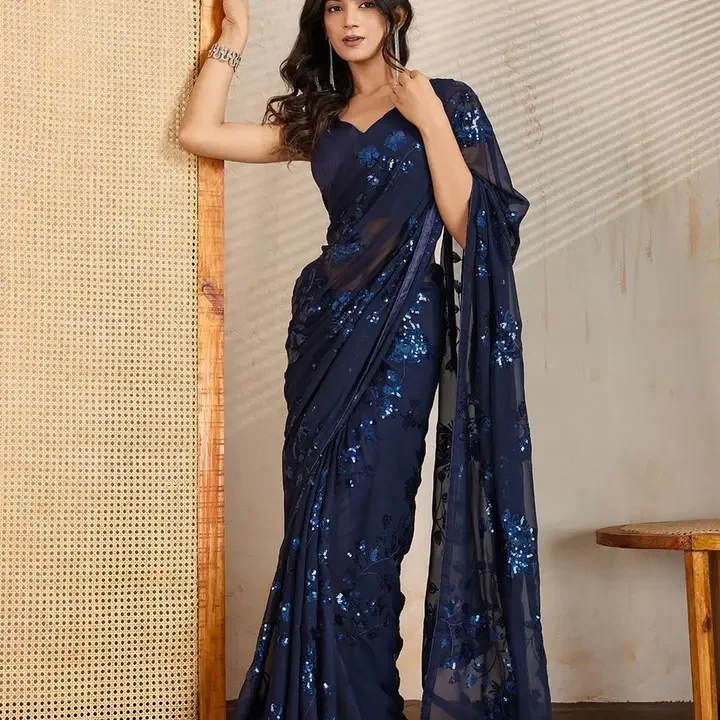 FashionsEye Floral Embroidered Sequinned Pure Georgette Saree And Unstiched Blouse Piece, Blue