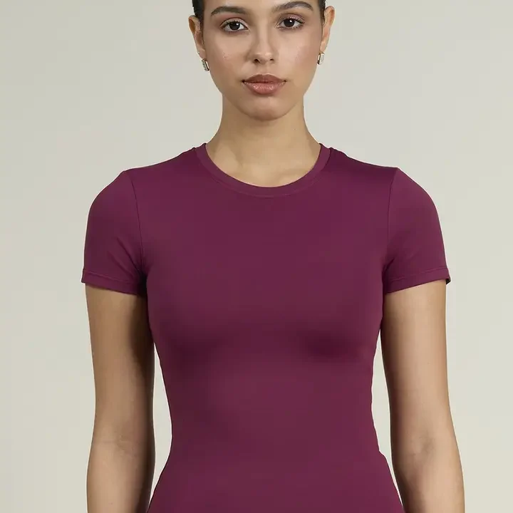 CAVA Women Solid Round Neck Burgundy Sculpt Core Top