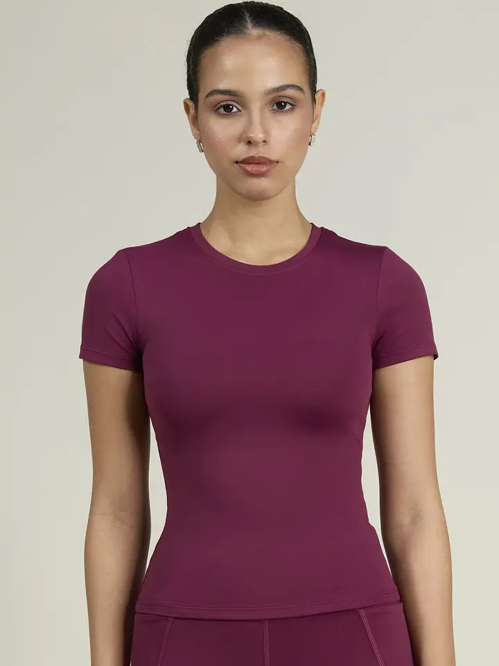 CAVA Women Solid Round Neck Burgundy Sculpt Core Top