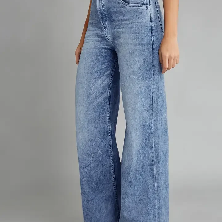 DOLCE CRUDO Women's Wide-Leg High-Rise Clean-Look Stretchable Shaping Denim Jeans, Blue