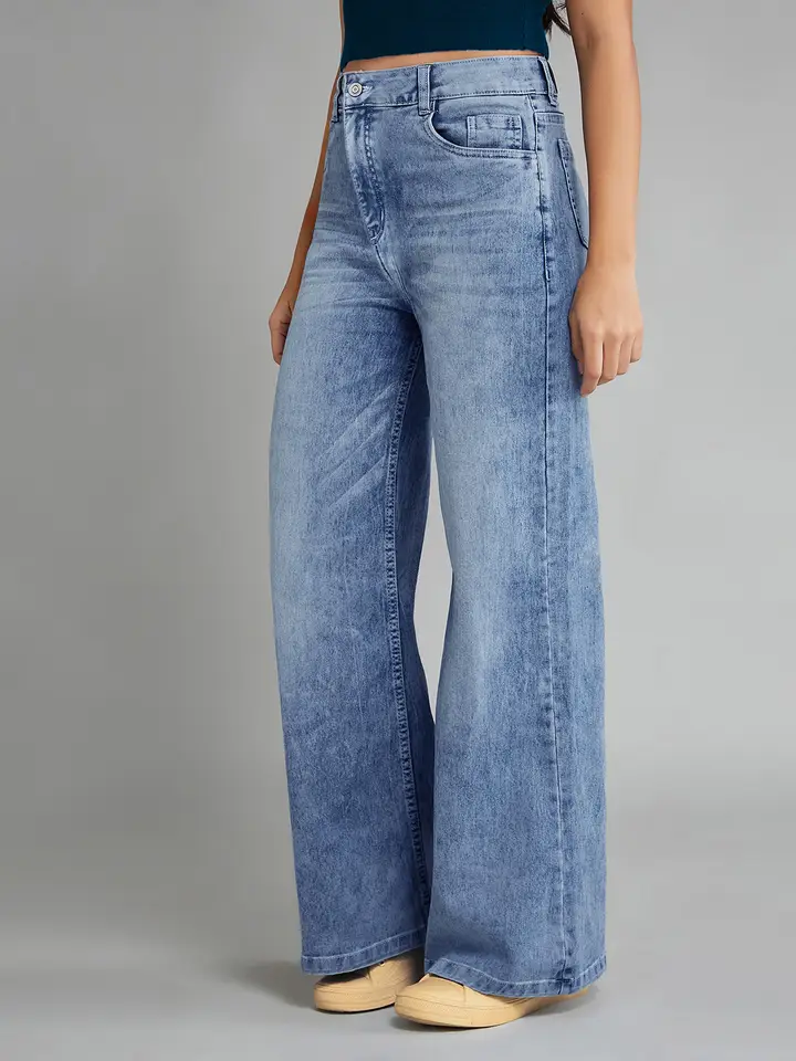DOLCE CRUDO Women's Wide-Leg High-Rise Clean-Look Stretchable Shaping Denim Jeans, Blue