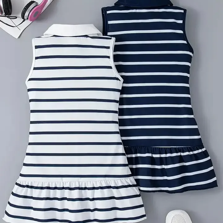 Knit Vey Gilrs Shirt Collar Striped A-Line Dress, Navy Blue