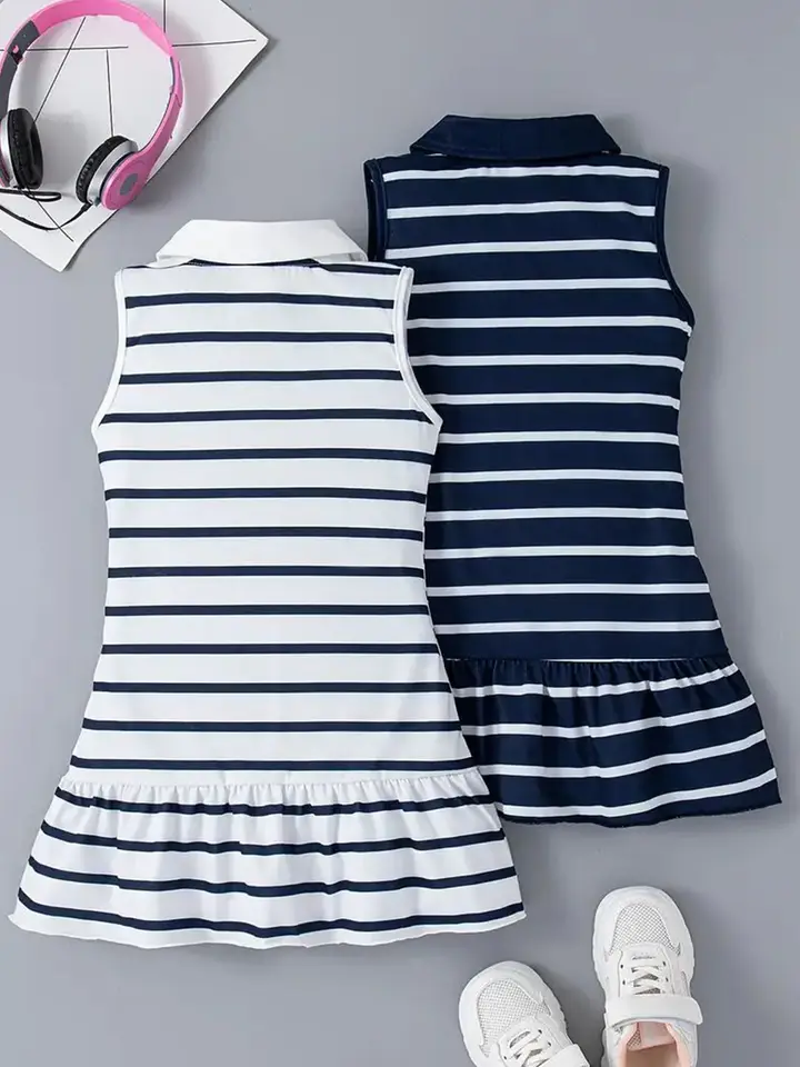 Knit Vey Gilrs Shirt Collar Striped A-Line Dress, Navy Blue