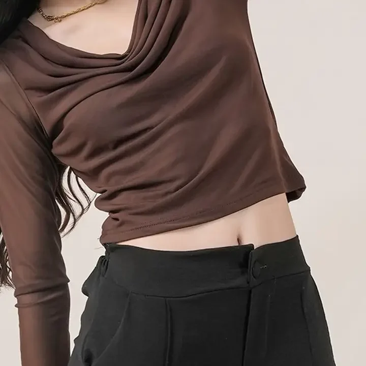 clobug Women Cowl Neck Sheer Net Crop Top, Brown
