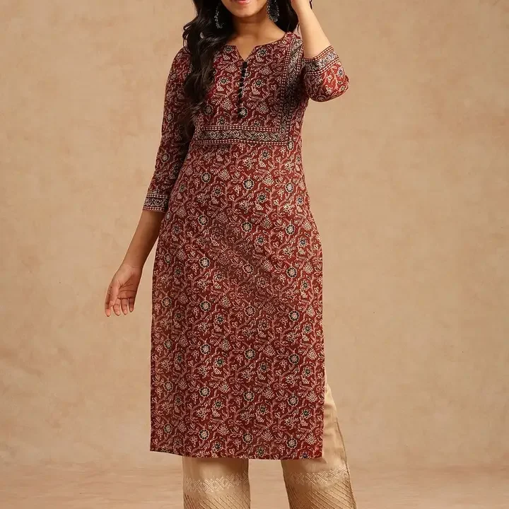 SZN Women Brown Floral Printed With Lace Work Straight Cotton Brown Stitched Kurta