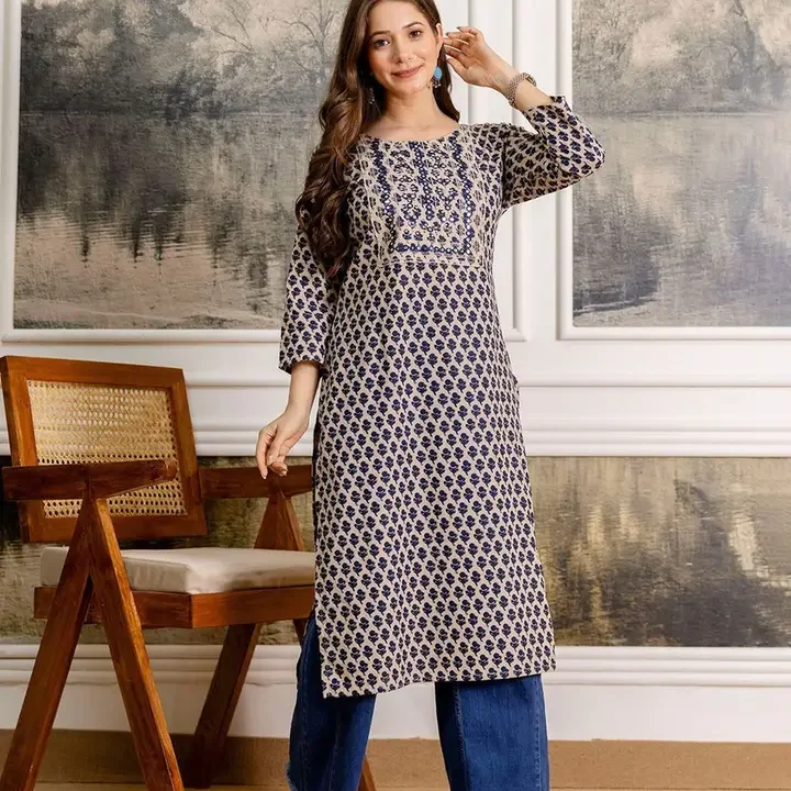 Pjyot by surhi Women Floral Printed Screen Print Daily Pure Cotton Straight Kurta, Beige